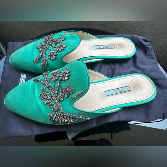 Prada Satin Green Slides Loafers Mules with crystals sz 39 US 9 - Picture 4 of 14